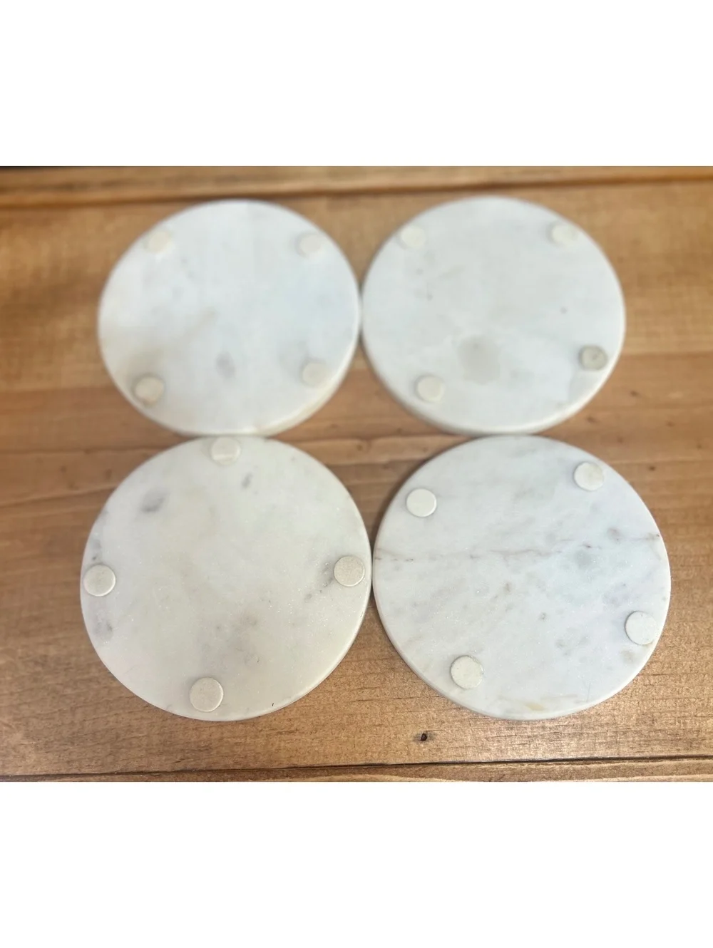 Set of 4 GAURI KOHLI Santorini White Marble Coasters with Blue and Gold Inlay